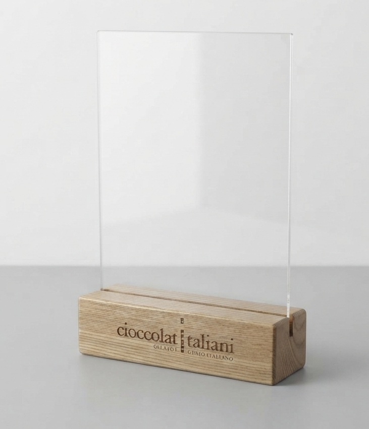 porta comunicazione plexiglass base legno
